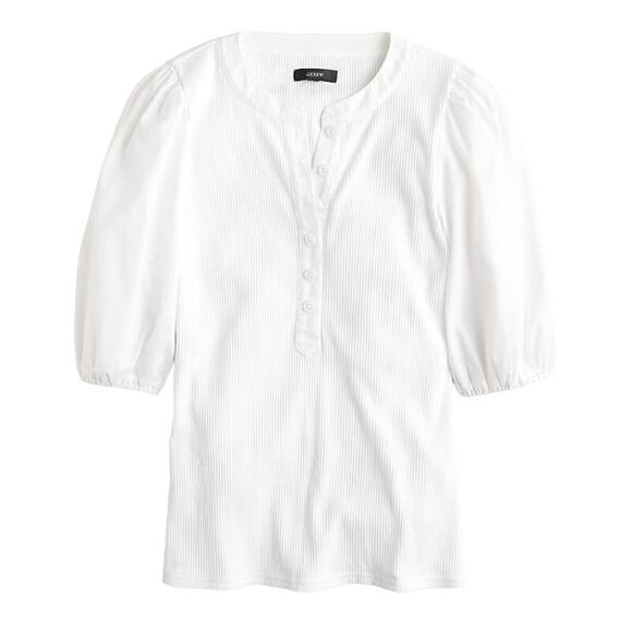 J. Crew Tops - J.CREW Vintage Rib Puff Sleeve Henley Top White Button Stretch Summer Small NEW